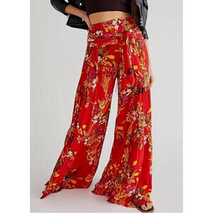 Free People One Aloha Hand Printed Wide Leg Pants Womens Small Tie Boho Palazzo